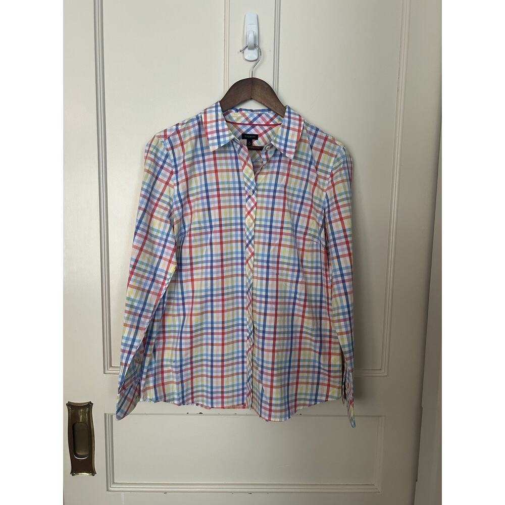 Talbots Plaid Collared Button Front Blouse Womens Size Large Blue Yellow Classic